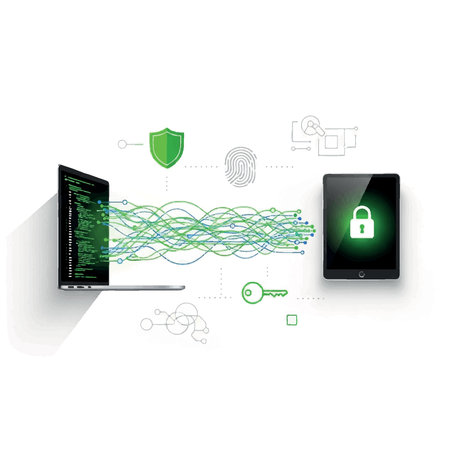 Illustration of data security and digital protection, with laptop and tablet.のイラスト素材