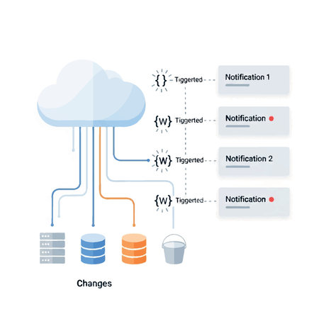 Conceptual infographic of an event-driven system where cloud functions are triggered by data changes, resulting in user notifications.のイラスト素材
