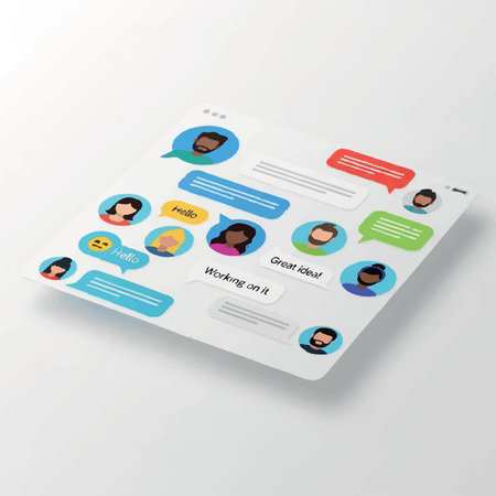 [Flat design illustration of a mobile phone screen showing a group chat. Diverse people communicating via a messaging app.]のイラスト素材