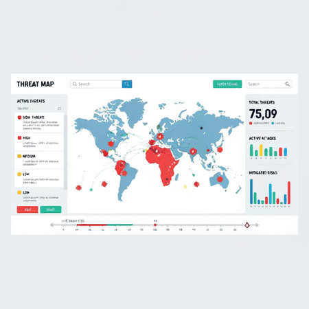 Digital interface showing a global threat map with cybersecurity attacks, active threats, and mitigated risks data.のイラスト素材