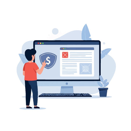 A person points at a digital security shield with a dollar sign on a computer screen, symbolizing financial protection and online safety.のイラスト素材
