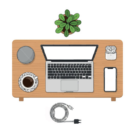 Organized workspace with laptop, phone, coffee, plant, and accessories.のイラスト素材