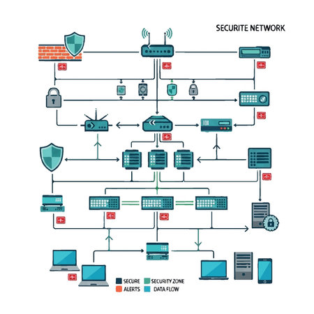 [Conceptual diagram of a secure IT infrastructure. Infographic shows cybersecurity measures like firewalls, encryption, and alerts for data protection.]のイラスト素材