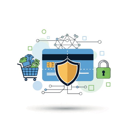 Illustration of a secure online shopping concept with credit card, shield, lock, and shopping cart.のイラスト素材