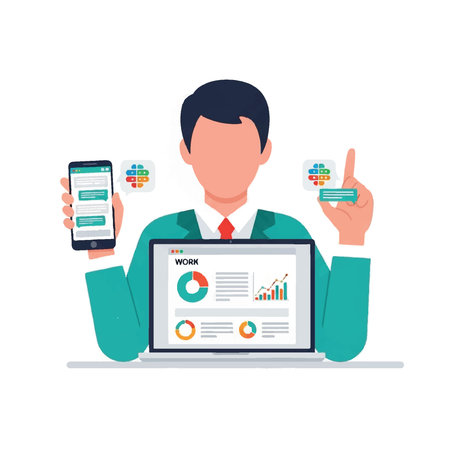 An illustration of a business professional analyzing data on a laptop and communicating via smartphone, representing modern work.のイラスト素材