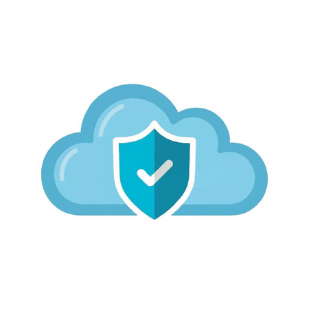 A stylized blue cloud icon with a turquoise shield and a white checkmark, symbolizing secure cloud data protection.のイラスト素材