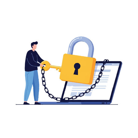 A man holds a key to unlock a large padlock securing a laptop, symbolizing digital security and access.のイラスト素材