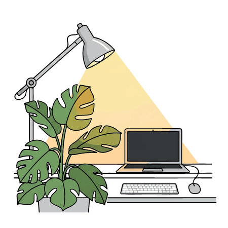 Illustration of a home office setup with a laptop, keyboard, lamp, and a potted monstera plant.のイラスト素材