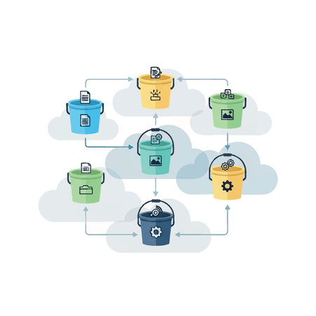 Illustration of a cloud storage system with interconnected data buckets.のイラスト素材