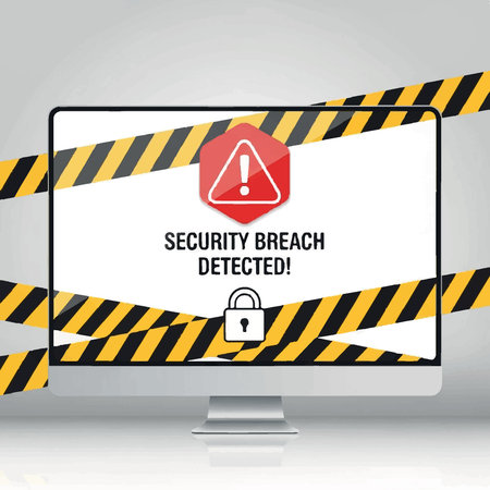 A computer screen displays a security breach alert with a warning sign and a padlock icon, surrounded by caution tape.のイラスト素材