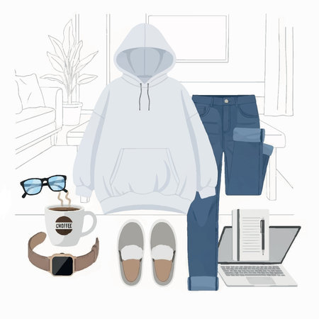 Illustration of a cozy home office outfit with a hoodie, jeans, slippers, laptop, coffee, and other accessories.のイラスト素材