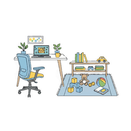 Illustration of a home office with a desk, chair, and toys, suggesting work-life balance.のイラスト素材