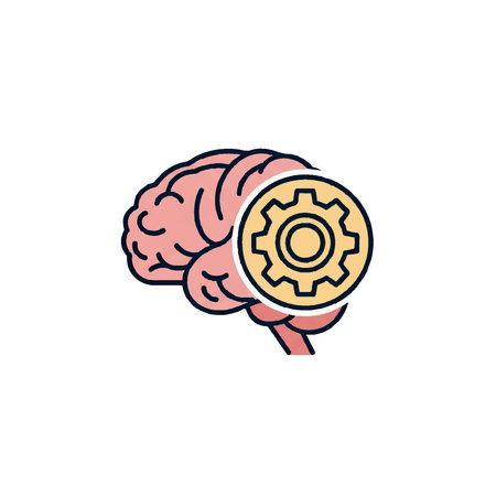 Illustration of a human brain with a gear mechanism, representing thinking, processing, and intelligence.のイラスト素材