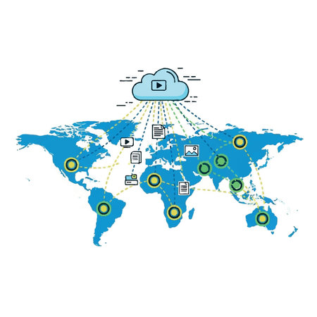 Concept art for global connectivity, cloud computing, data transfer, and worldwide information sharing via the internet, shown on a world map.のイラスト素材