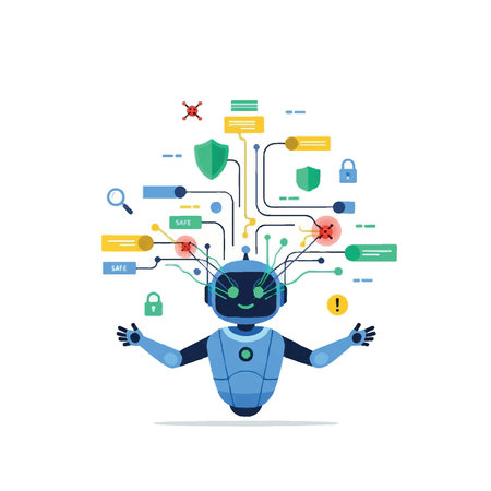 Illustration of an AI robot protecting data with security elements.のイラスト素材