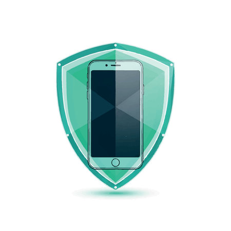 A stylized illustration of a smartphone enclosed within a protective shield, symbolizing security and safety for mobile devices.のイラスト素材