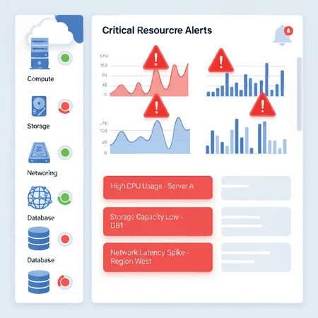 Illustration of a critical resource alerts dashboard showing high CPU usage, low storage, and network latency.のイラスト素材