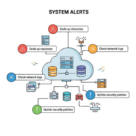 Visual representation of system alerts, including resource scaling, network logs, and security updates for cloud infrastructure.のイラスト素材