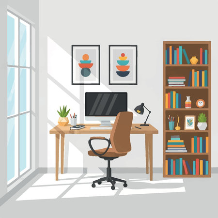 Flat vector illustration of a comfortable and modern home office workspace with a desk, computer, chair, bookshelf, and a large window with natural light.のイラスト素材