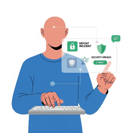 Illustration of a user reporting a security incident like a virus or data breach using a modern, transparent digital interface.のイラスト素材