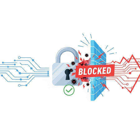 Illustration of data security blocked by a firewall, with a padlock and circuit boards.のイラスト素材