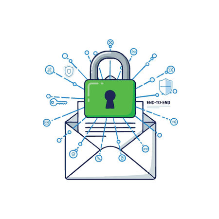 Illustration of a secure email with end-to-end encryption, featuring a padlock and various security icons, representing data protection and privacy.のイラスト素材