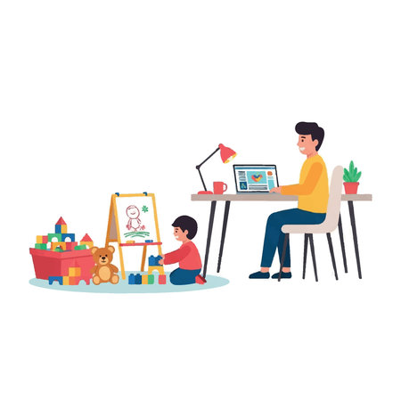 Illustration of a father working from home on his laptop while his young son plays with toys.のイラスト素材