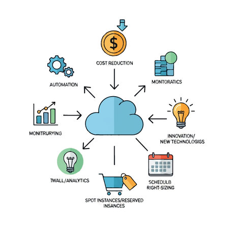 Cloud computing benefits infographic, showing cost reduction, automation, monitoring, innovation, and more.のイラスト素材