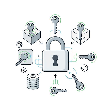 [Vector illustration showing a central padlock with keys and database icons, representing data security, encryption, and access management.]のイラスト素材