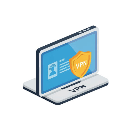 Isometric illustration of a laptop with a VPN shield, representing secure online browsing and data protection.のイラスト素材