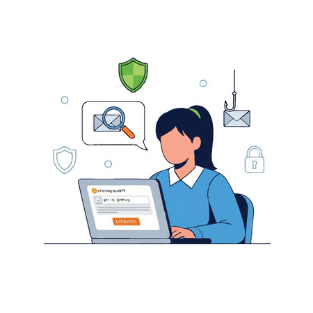 Illustration depicting a woman carefully reviewing a potentially fraudulent email on her laptop, highlighting phishing awareness.のイラスト素材