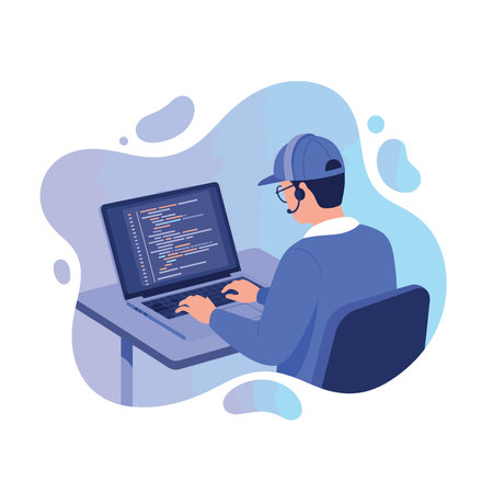 Person coding on a laptop, illustration style.のイラスト素材