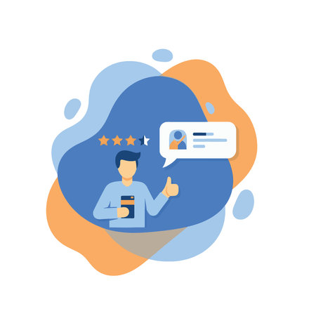 Illustration of a customer giving positive feedback with a thumbs up and a four-star rating.のイラスト素材
