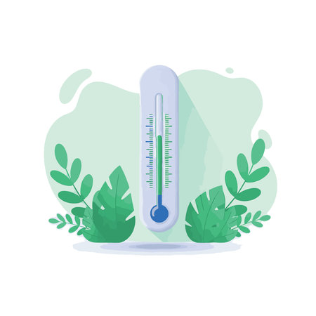 Illustration of a thermometer surrounded by green leaves, symbolizing environmental temperature...