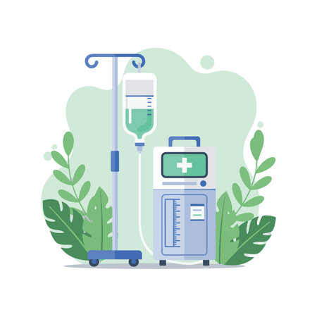 Illustration of an IV drip stand with a bag of fluid and a medical machine, set against a soft, abstract background.のイラスト素材
