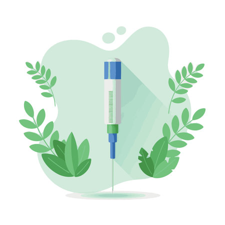 Illustration of a medical syringe surrounded by green leaves, representing healthcare and wellness.のイラスト素材