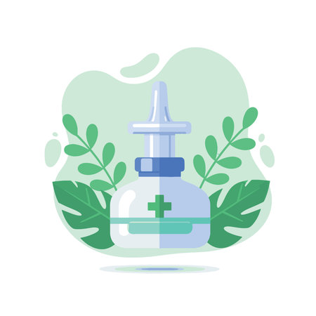 A modern flat design icon of a nasal spray. Medical product for rhinitis, sinusitis, and allergy treatment, isolated on a white background with decorative plants.のイラスト素材