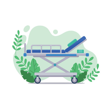 Flat illustration of a hospital bed or medical stretcher on wheels.のイラスト素材
