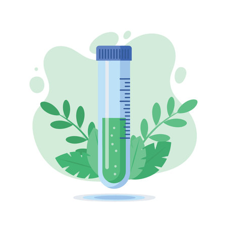 A clear test tube filled with green liquid, surrounded by fresh green leaves, symbolizing scientific research, biotechnology, and natural solutions.のイラスト素材