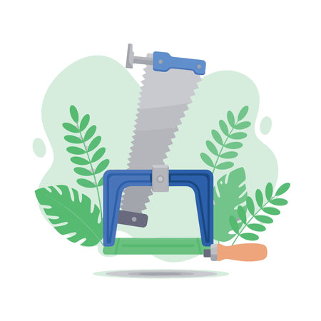 Colorful graphic of a hand saw held in a vise, surrounded by stylized green leaves, suggesting sustainability and woodworking.のイラスト素材
