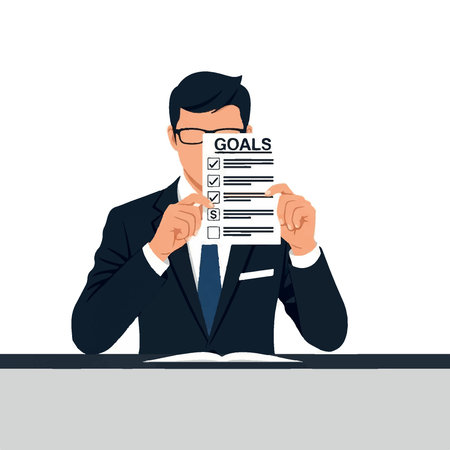 Businessman holding a sheet of paper with goals. Vector illustration.のイラスト素材