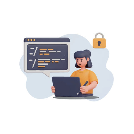 Vector illustration of a girl with a laptop and a lock on a white backgroundのイラスト素材