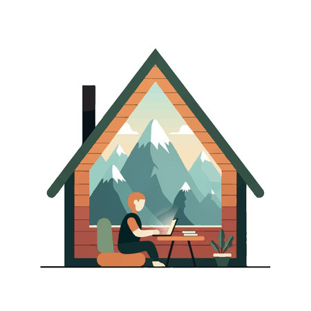 Man working on laptop at home. Vector illustration in flat style.のイラスト素材