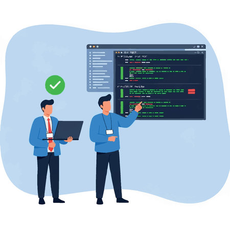 Software development concept. Software developers working on web development. Programmer coding and programming. Vector illustration in flat styleのイラスト素材