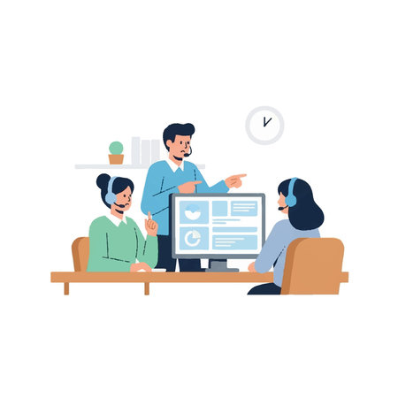 Man and woman working in call center, telemarketing and customer support vector Illustrationのイラスト素材