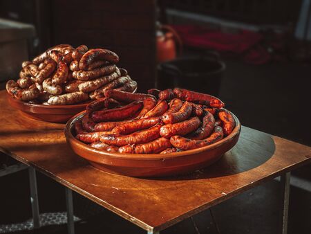 close-up of variety of sausages in a fair in spainの写真素材