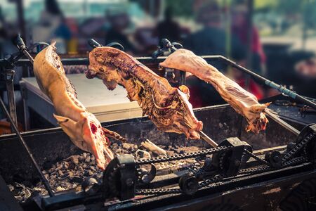 close up of piglet match in half on embers outdoorの写真素材