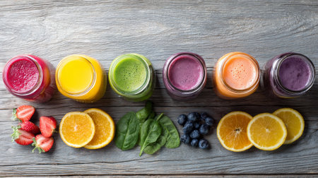Healthy colorful smoothies in jars on wooden background, top viewの素材