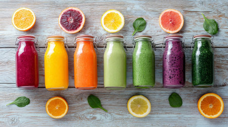 Colorful smoothies in bottles on wooden background. Top view.の素材