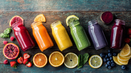 Healthy colorful smoothies in bottles on rustic background, top viewの素材